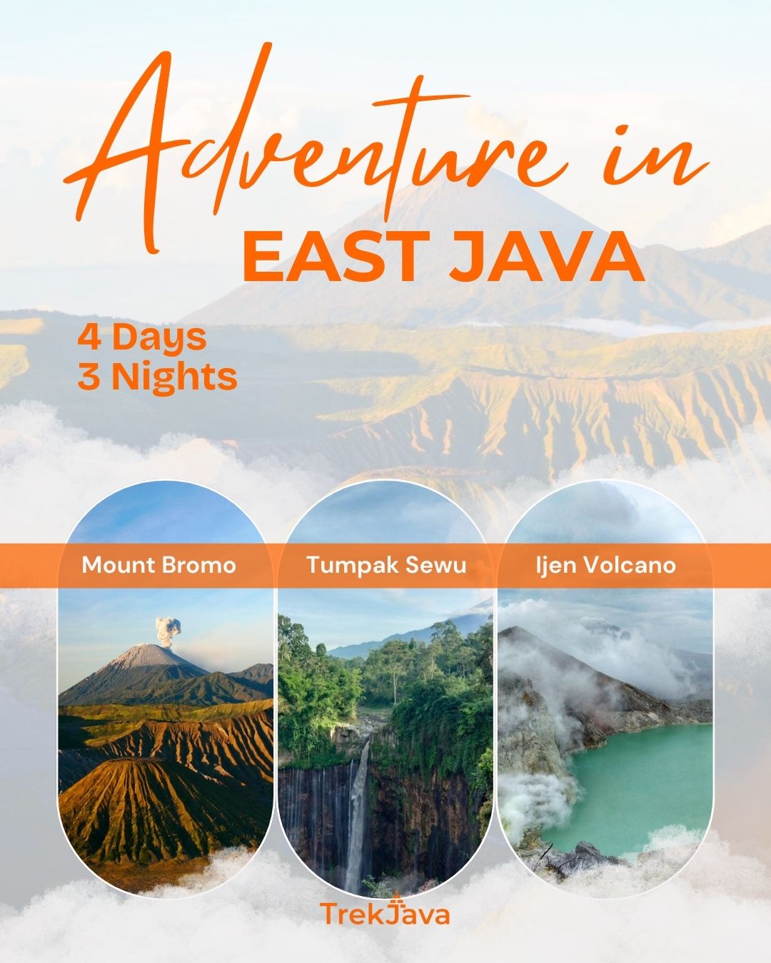 East java adventure tour featuring Mount bromo sunrise, tumpak sewu waterfall, and ijen crater