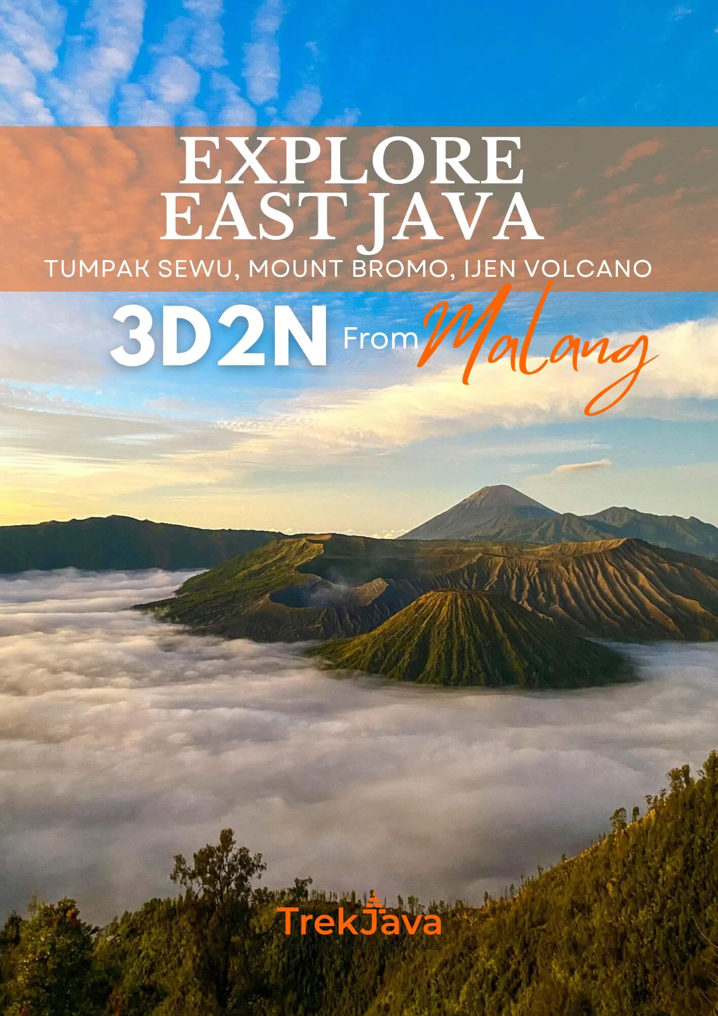 Tumpak Sewu waterfall, Mount Bromo sunrise and Ijen Crater tour from Malang in East Java Indonesia