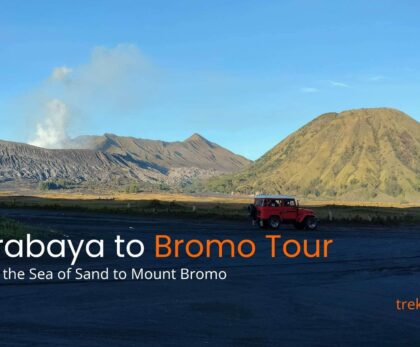 Surabaya to Bromo tour jeep crossing sea of sand with Mount Bromo and Mount Batok in East Java