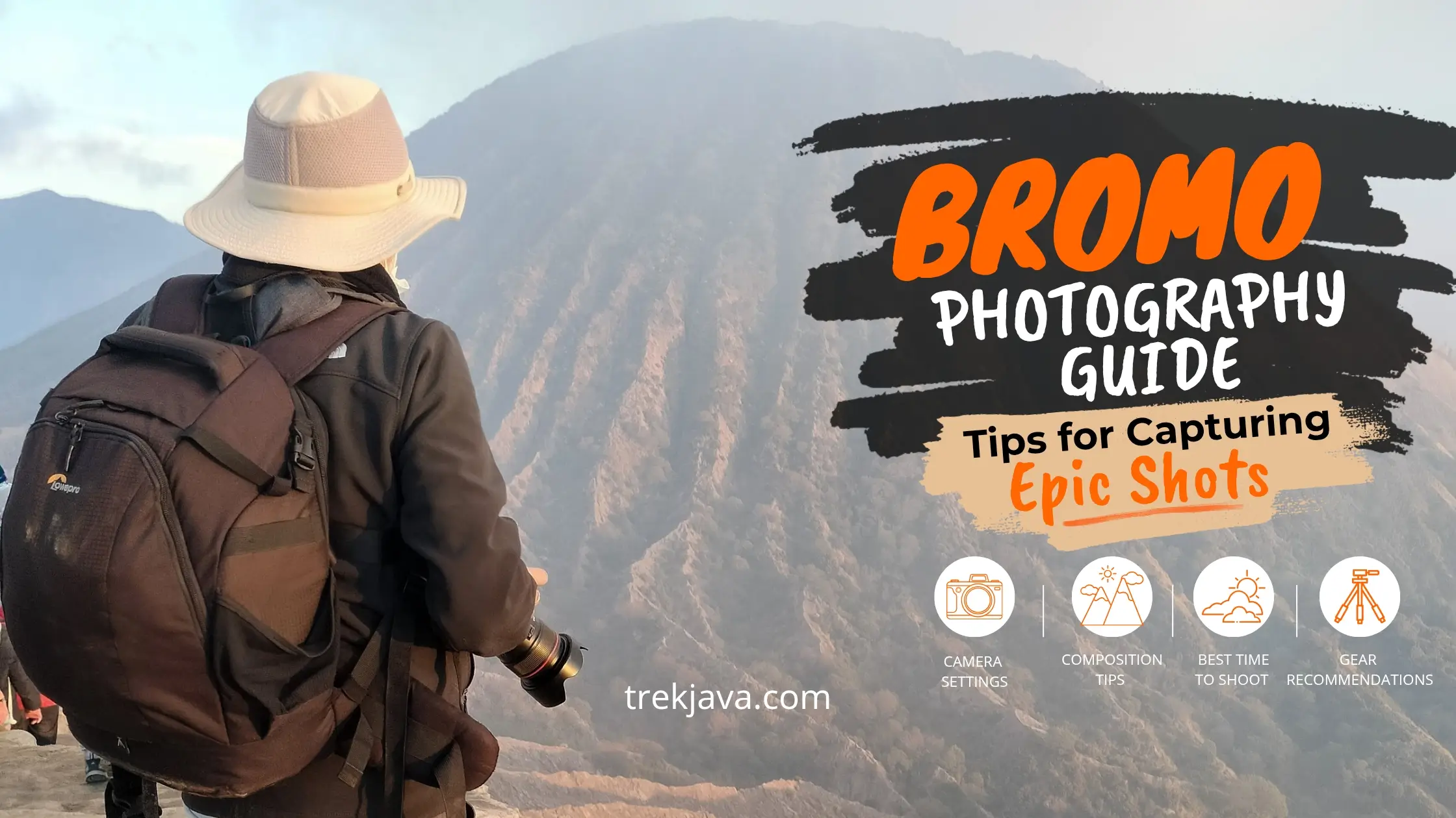 Photographer capturing Mount Bromo landscape from the crater rim in East Java, Indonesia