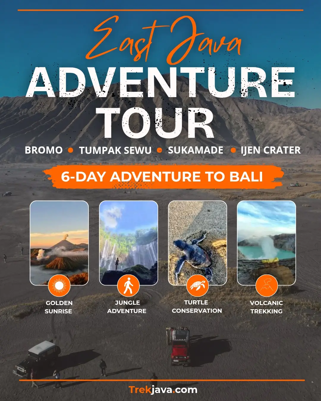 Mount Bromo, tumpak Sewu Waterfall, Ijen crater, and Sukamade on a 6-day East Java adventure tour