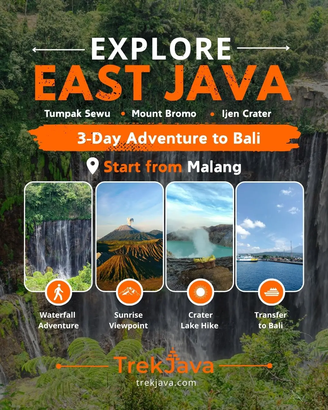 Tumpak Sewu Waterfall, Mount Bromo Sunrise, Ijen crater on a 3-days East java tour from Malang to Bali