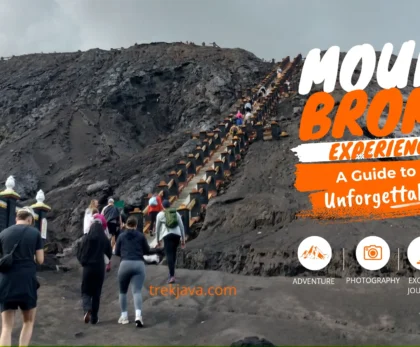 Tourists climbing the stairs to Mount Bromo crater rim during an unforgettable volcano adventure in East Java, Indonesia