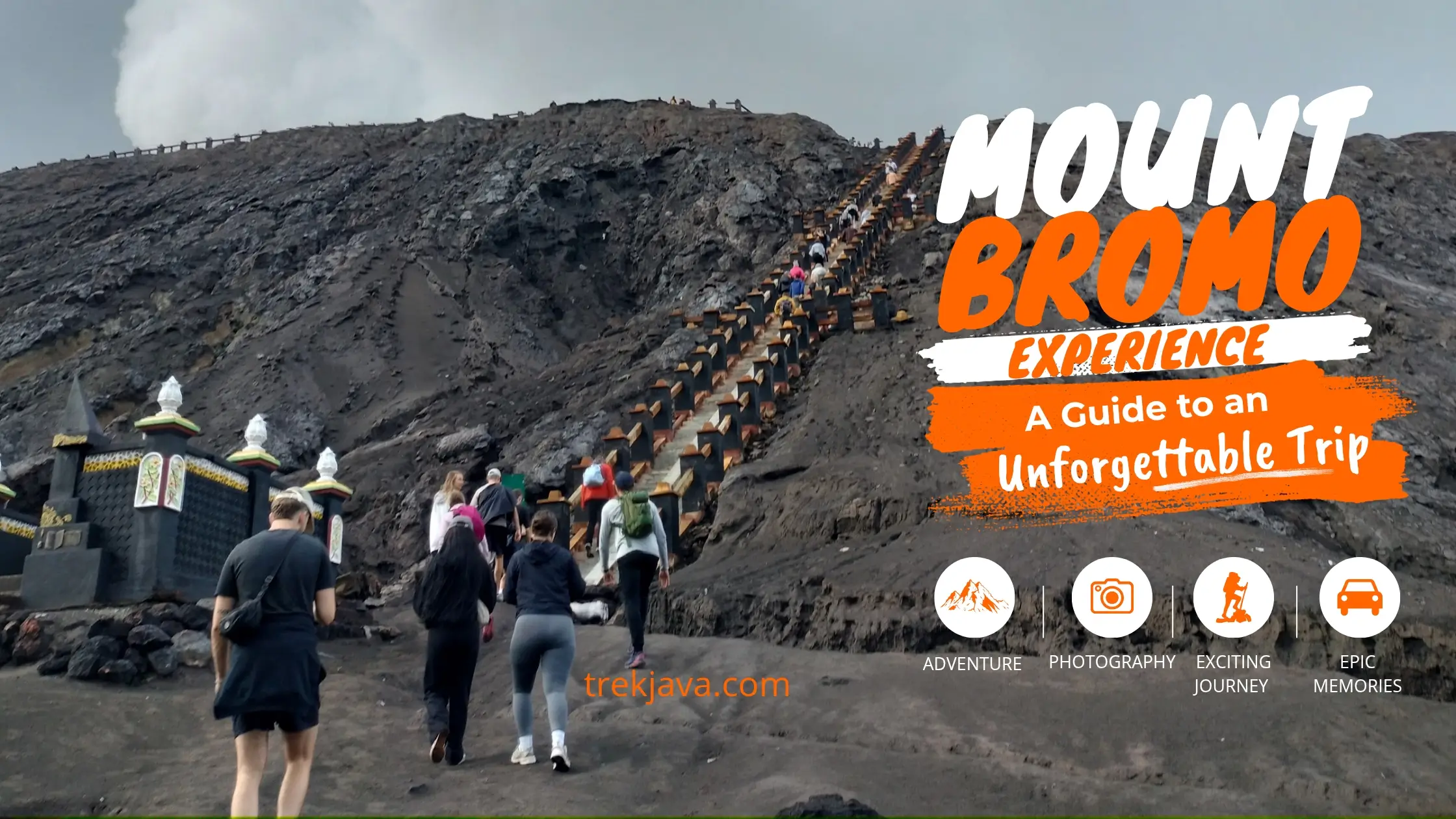 Tourists climbing the stairs to Mount Bromo crater rim during an unforgettable volcano adventure in East Java, Indonesia